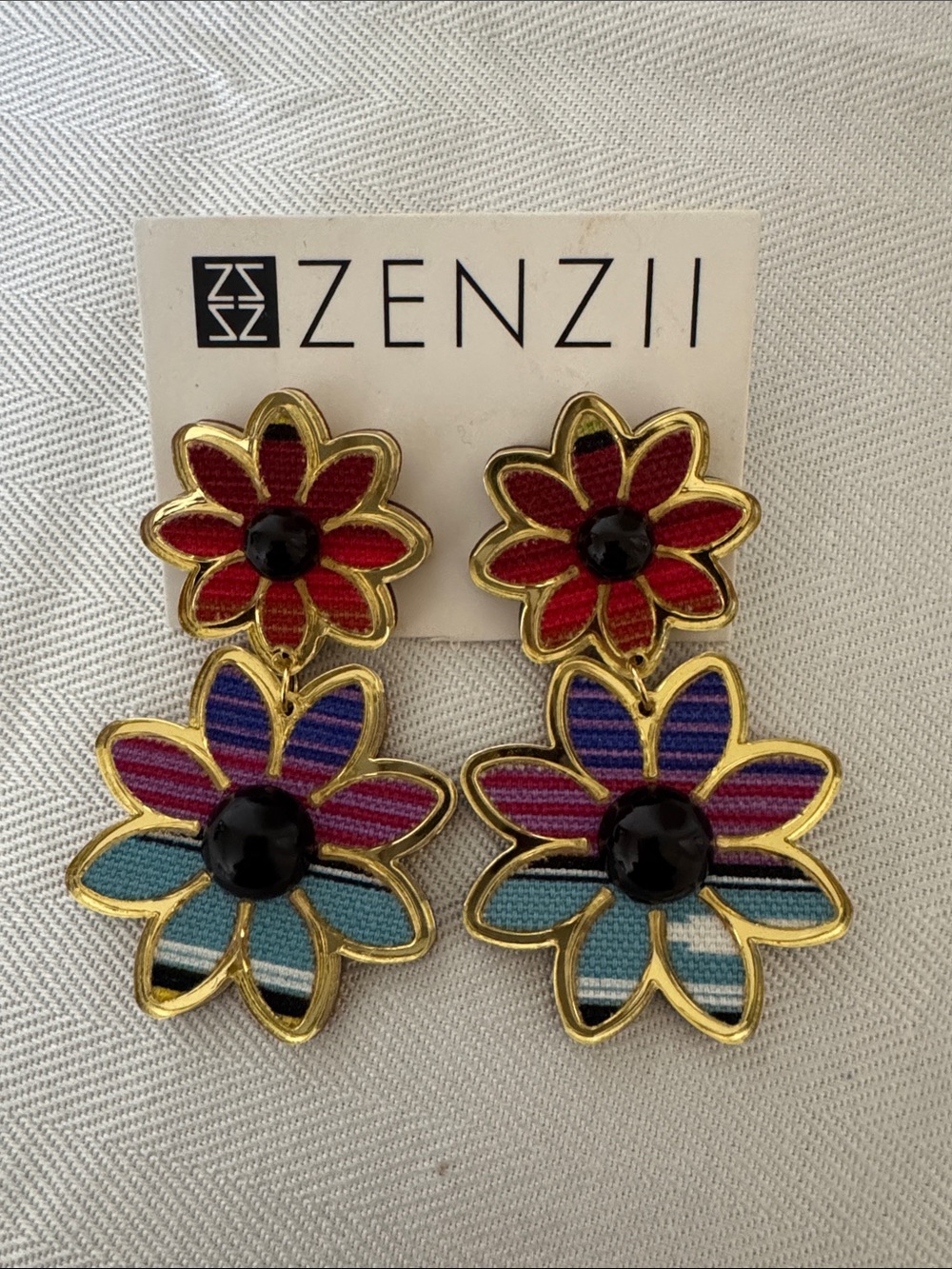Gold-Tone Multicolor Floral Drop Earrings - Red, Purple, Blue
